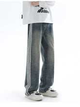 Men’s plus size retro wide leg denim jeans in faded gray wash with three white side stripes on each leg