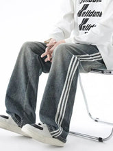 Men’s plus size retro wide leg dark gray denim jeans with three bold white side stripes on each leg