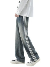 Men’s plus size retro wide leg denim jeans in faded blue with three vertical white side stripes on each leg