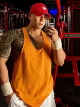 Man in orange mens plus size round neck racerback basic style tank top