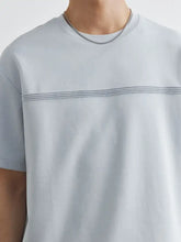 Men’s plus size light blue cotton round neck short sleeve top with subtle stitching detail, slightly stretchy, machine wash cold