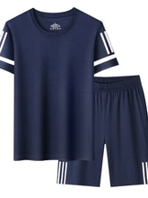 Men’s plus size navy blue round neck short sleeve top and shorts set with white striped sleeves designed for machine wash cold
