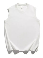 Men’s plus size round neck tank white sleeveless t-shirt with soft slightly wrinkled fabric and simple round neckline