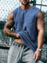 Men’s plus size round neck tank in blue sleeveless henley style with buttoned neckline and relaxed fit