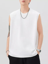 White sleeveless cotton men’s plus size round neck tank with simple round neckline and relaxed fit design