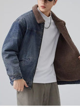 Men’s plus size denim jacket with a brown corduroy sherpa collar and front zip closure