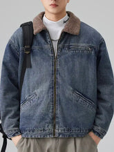Men’s plus size blue denim jacket with brown corduroy sherpa collar and zip up front