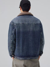 Men’s plus size dark blue denim jacket with brown sherpa collar and brown corduroy accents zip up style