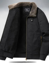 Men’s plus size sherpa lined black bomber jacket with plush brown interior and gold-tone zipper accents