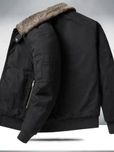Men’s plus size sherpa lined black bomber jacket with plush light brown shearling collar and zippered pockets
