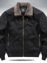 Men’s plus size sherpa lined black bomber jacket with plush light brown shearling collar and gold-tone zippers