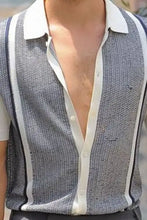 Mens plus size short sleeve shirt with vertical white and dark blue stripes on gray textured knit polo