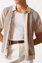 Mens plus size short sleeve striped collared knit shirt with beige stripes, green buttons, brown leather belt