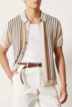 Mens plus size short sleeve striped collared knit shirt in beige and brown