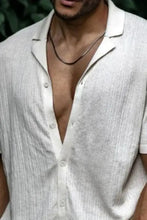 Mens plus size short sleeve shirt with white textured collar and necklace