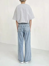 Light-wash denim men’s plus size slit loose fit wide-leg jeans with relaxed fit and classic back pockets view from back