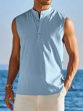 Mens Plus Size Light Blue Sleeveless Henley Tank with Moderate Stretch