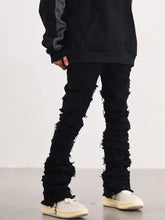 Men’s plus size slim fit black distressed denim jeans with frayed hem and ruffled hems for casual wear