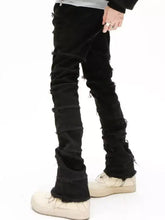 Men’s plus size slim fit black distressed velvet jeans with frayed hem and slim fit design