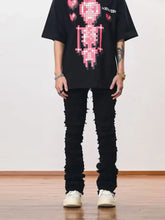Men’s plus size slim fit frayed hem black distressed denim jeans with ripped detailing along the legs