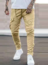 Mens plus size slim fit khaki cargo pants with pockets and drawstring waist