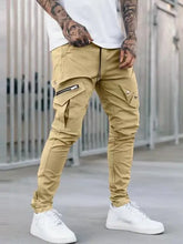 Mens plus size slim fit pants: khaki cargo style with pockets and zipper