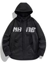 Men’s plus size black hooded jacket with white embroidered na re lettering and snap down long sleeves