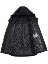 Mens plus size black quilted hooded jacket with diamond-stitched interior lining and plus size snap buttons front closure