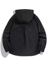 Men’s plus size snap down long sleeve black hooded jacket with sleek modern design and buttoned cuffs