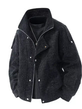 Men’s plus size black textured jacket with herringbone pattern silver zipper accents and long sleeve length design