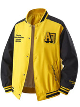 Men’s plus size snap down long sleeve varsity jacket in vibrant yellow and black with bold a7 embroidery and striped cuffs