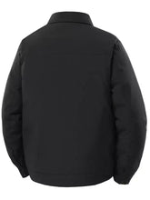 Men’s plus size black puffer jacket with quilted panels and structured collar featuring outer edge design