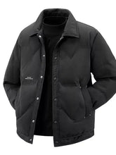 Men’s plus size snap black quilted puffer jacket with stand-up collar and front button closure for winter wear