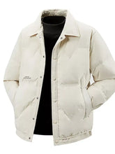 Cream-colored plus size snap quilted puffer jacket with collar and front button closure for winter wear