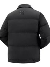Men’s plus size snap padded black puffer winter coat with quilted panels and logo patch on back collar side