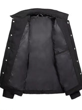 Men’s plus size snap padded winter coat in black with silver snap buttons and quilted interior lining