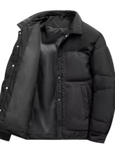Men’s plus size black puffer jacket with quilted design and button closures for cold weather wear