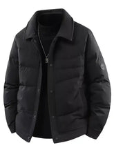 Men’s plus size black quilted puffer jacket with collar and snap button closures for cold weather wear