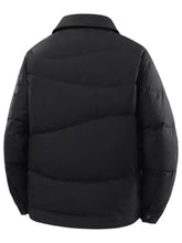 Black plus size puffer jacket with quilted panels and snap button closure featuring a stand-up collar