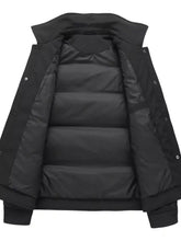 Men’s plus size black puffer jacket with quilted interior and snap button closure for cold weather comfort