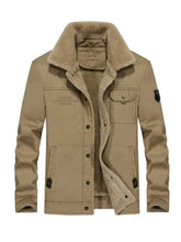 Men’s plus size solid color sherpa lined jacket with tan shearling lining, sturdy cotton exterior, and black button accents