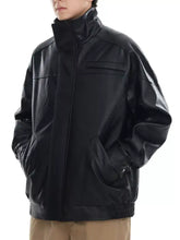 Men plus size black faux leather bomber jacket with stand collar and front zipper for stylish outerwear