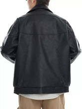 Men plus size black faux leather bomber jacket with stand collar and seam detailing for stylish outerwear