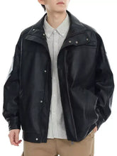 Men plus size black faux leather bomber jacket with snap buttons and a stand collar for stylish outerwear