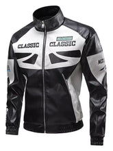 Men’s plus size black and white leather moto jacket with stand collar and bold classic branding on the chest
