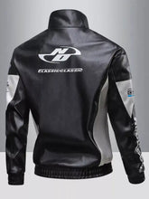 Back view of men’s plus size black and gray leather moto jacket with white logo and text on the leather moto jacket