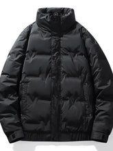 Black puffer jacket with stand collar and quilted design for men’s plus size winter outerwear