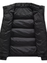 Men’s plus size black puffer jacket with quilted panels and stand collar featuring branded collar lining