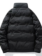 Men’s plus size black puffer jacket with stand collar and quilted design for cold weather wear