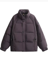 Dark gray quilted plus size stand collar puffer jacket with button closures for men providing warmth and style